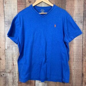 Polo Ralph Lauren Mens Royal Blue V-Neck T-Shirt Classic Fit Large Orange Pony